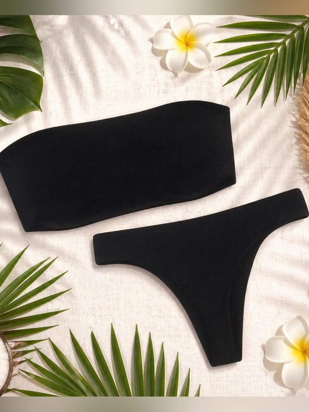 ZAFUL Black Textured Bandeau 2 Piece High Cut Strapless Bikini 10